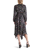 Steve Madden Jamie Satin Floral Print V-Neck Long Sleeve Midi Dress