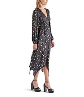 Steve Madden Jamie Satin Floral Print V-Neck Long Sleeve Midi Dress