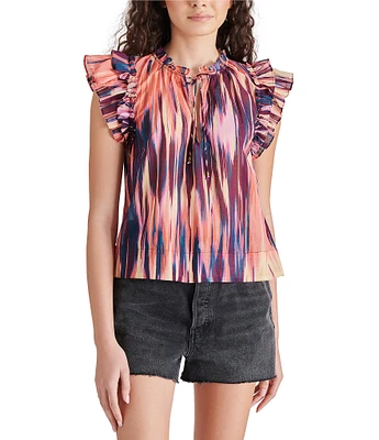 Steve Madden Kailani Abstract Print Split V Neck Cap Sleeve Front Tie Ruffle Top