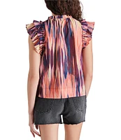 Steve Madden Kailani Abstract Print Split V Neck Cap Sleeve Front Tie Ruffle Top