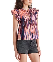 Steve Madden Kailani Abstract Print Split V Neck Cap Sleeve Front Tie Ruffle Top