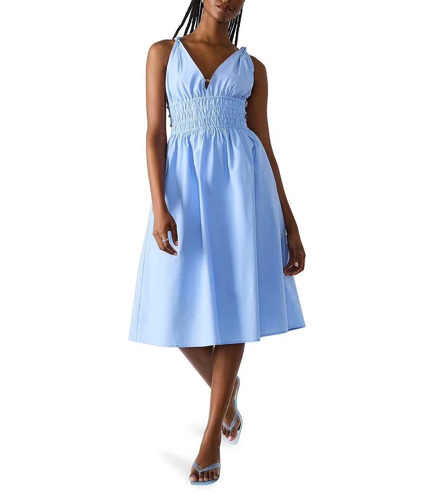 Steve Madden Kassie Bead Embellishment Smocked V-Neck Sleeveless Poplin Dress