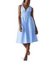 Steve Madden Kassie Bead Embellishment Smocked V-Neck Sleeveless Poplin Dress