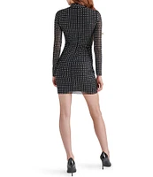 Steve Madden Krista Mesh Embellished Rhinestone Mock Neck Long Sleeve Mini Dress