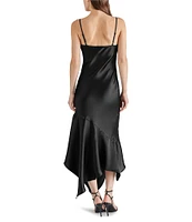 Steve Madden Lucille V-Neck Sleeveless Asymmetrical Hem Satin Midi Dress