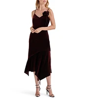 Steve Madden Lucille Velvet V-Neck Sleeveless Rosette Asymmetrical Hem Slip Midi Dress