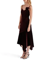 Steve Madden Lucille Velvet V-Neck Sleeveless Rosette Asymmetrical Hem Slip Midi Dress