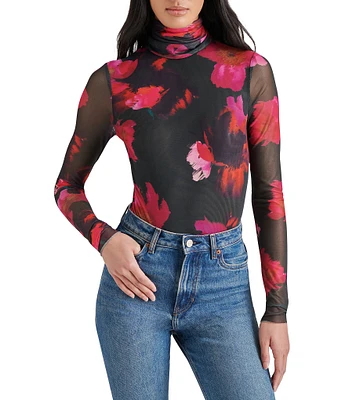 Steve Madden Luella Mesh Floral Print Turtleneck Long Sleeve Bodysuit