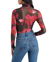 Steve Madden Luella Mesh Floral Print Turtleneck Long Sleeve Bodysuit