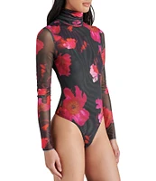 Steve Madden Luella Mesh Floral Print Turtleneck Long Sleeve Bodysuit