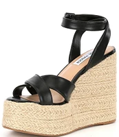 Steve Madden Lulah Leather Raffia Platform Wedge Sandals