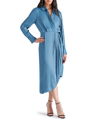 Steve Madden Martina Washed Satin Long Sleeve Collared V Neck Asymmetrical Hem Shirt Dress