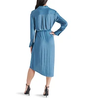 Steve Madden Martina Washed Satin Long Sleeve Collared V Neck Asymmetrical Hem Shirt Dress