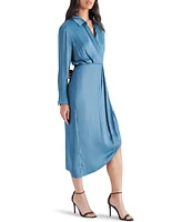 Steve Madden Martina Washed Satin Long Sleeve Collared V Neck Asymmetrical Hem Shirt Dress