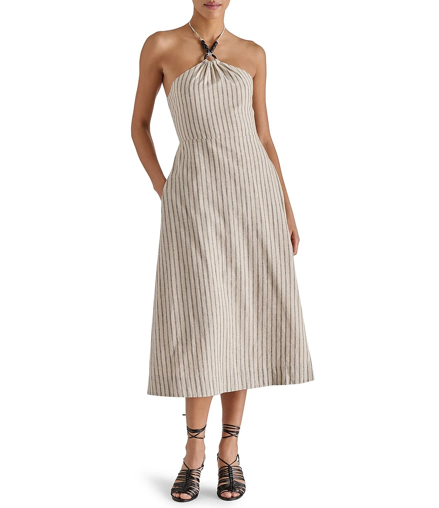 Steve Madden Mary Beth Woven Stripe Print Halter Neck Sleeveless A-Line Midi Dress