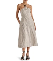 Steve Madden Mary Beth Woven Stripe Print Halter Neck Sleeveless A-Line Midi Dress