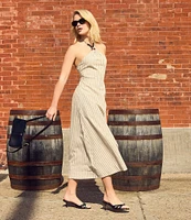 Steve Madden Mary Beth Woven Stripe Print Halter Neck Sleeveless A-Line Midi Dress
