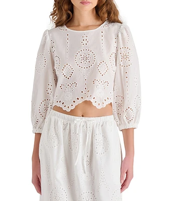 Steve Madden Meera Coordinating Crew Neck 3/4 Sleeve Eyelet Top