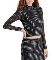 Steve Madden Melvina Mesh Embellished Rhinestone Mock Neck Long Sleeve Top