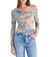 Steve Madden Pacie Printed Mesh Asymmetric One Shoulder Long Sleeve Top