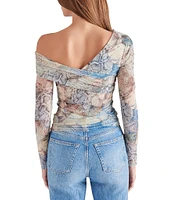 Steve Madden Pacie Printed Mesh Asymmetric One Shoulder Long Sleeve Top