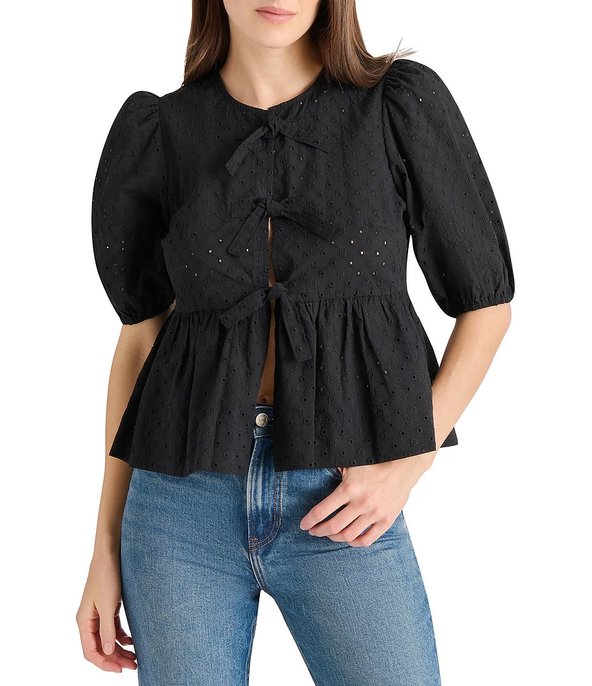 Steve Madden Paula Eyelet Crew Neck Short Sleeve Tie Front Top