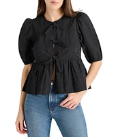 Steve Madden Paula Eyelet Crew Neck Short Sleeve Tie Front Top