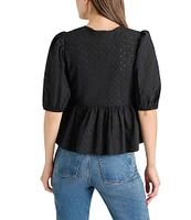 Steve Madden Paula Eyelet Crew Neck Short Sleeve Tie Front Top