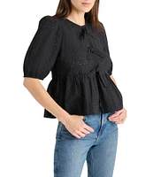 Steve Madden Paula Eyelet Crew Neck Short Sleeve Tie Front Top