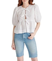 Steve Madden Paula Eyelet Crew Neck Short Sleeve Tie Front Top