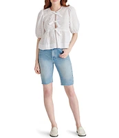 Steve Madden Paula Eyelet Crew Neck Short Sleeve Tie Front Top
