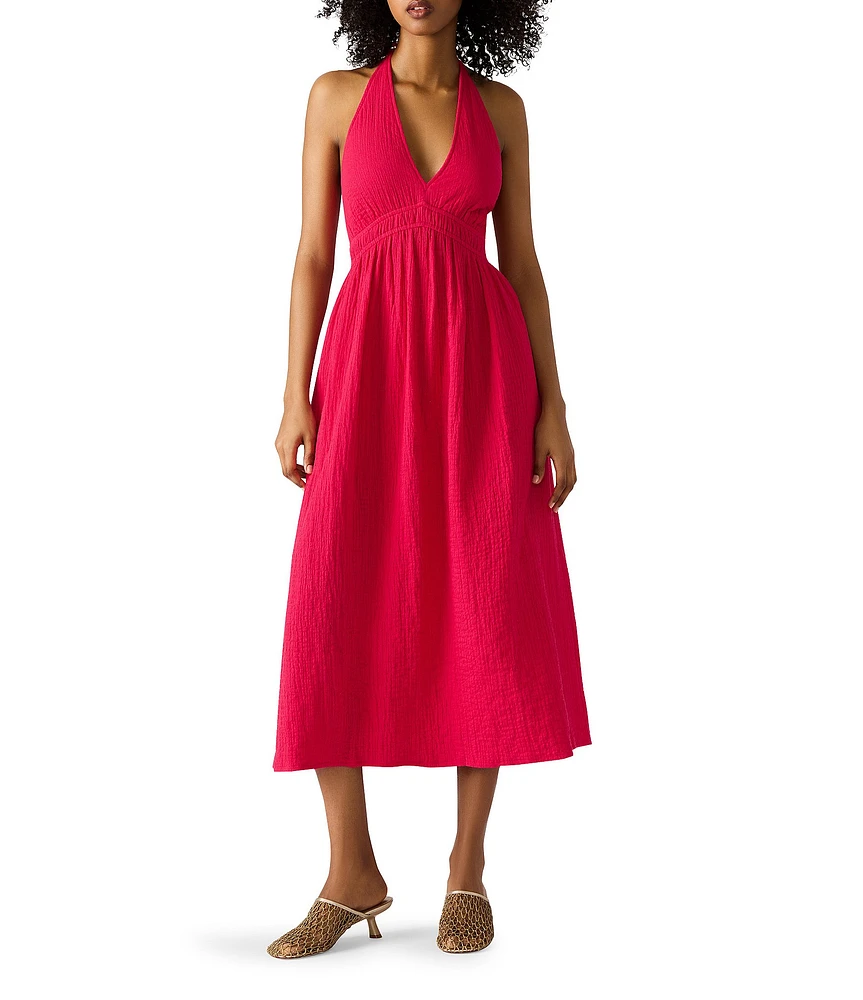 Steve Madden Piper Stretch Cotton Gauze Smocked Waist Halter Tie Midi Dress