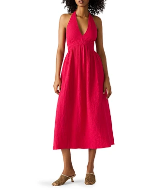 Steve Madden Piper Stretch Cotton Gauze Smocked Waist Halter Tie Midi Dress
