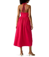 Steve Madden Piper Stretch Cotton Gauze Smocked Waist Halter Tie Midi Dress