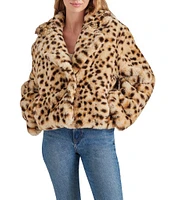 Steve Madden Plush Faux Fur Leopard Print Notch Lapel Neck Long Sleeve Jacket