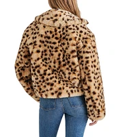 Steve Madden Plush Faux Fur Leopard Print Notch Lapel Neck Long Sleeve Jacket