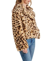 Steve Madden Plush Faux Fur Leopard Print Notch Lapel Neck Long Sleeve Jacket