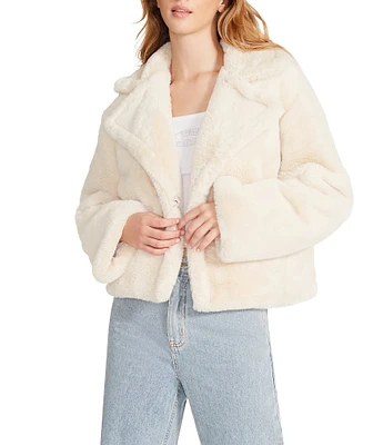 Steve Madden Plush Faux Fur Woven Notch Lapel Collar Long Sleeve Oversized Cropped Jacket