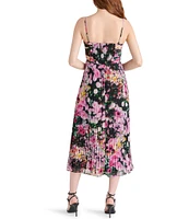 Steve Madden Ray Floral Print Sweetheart Sleeveless Chiffon Pleated Midi Dress