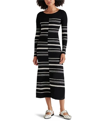 Steve Madden Rayssa Knit Stripe Print Crew Neck Long Sleeve Midi Sweater Dress