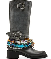 Steve Madden Rebel Chain Buckle Distressed Leather Scarf Detail Tall Moto Boots