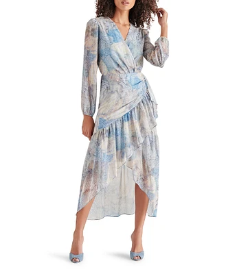 Steve Madden Renata Lurex Chiffon Printed V Neck Long Sleeve High Low Midi Dress