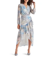 Steve Madden Renata Lurex Chiffon Printed V Neck Long Sleeve High Low Midi Dress