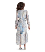 Steve Madden Renata Lurex Chiffon Printed V Neck Long Sleeve High Low Midi Dress