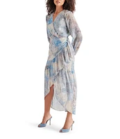 Steve Madden Renata Lurex Chiffon Printed V Neck Long Sleeve High Low Midi Dress