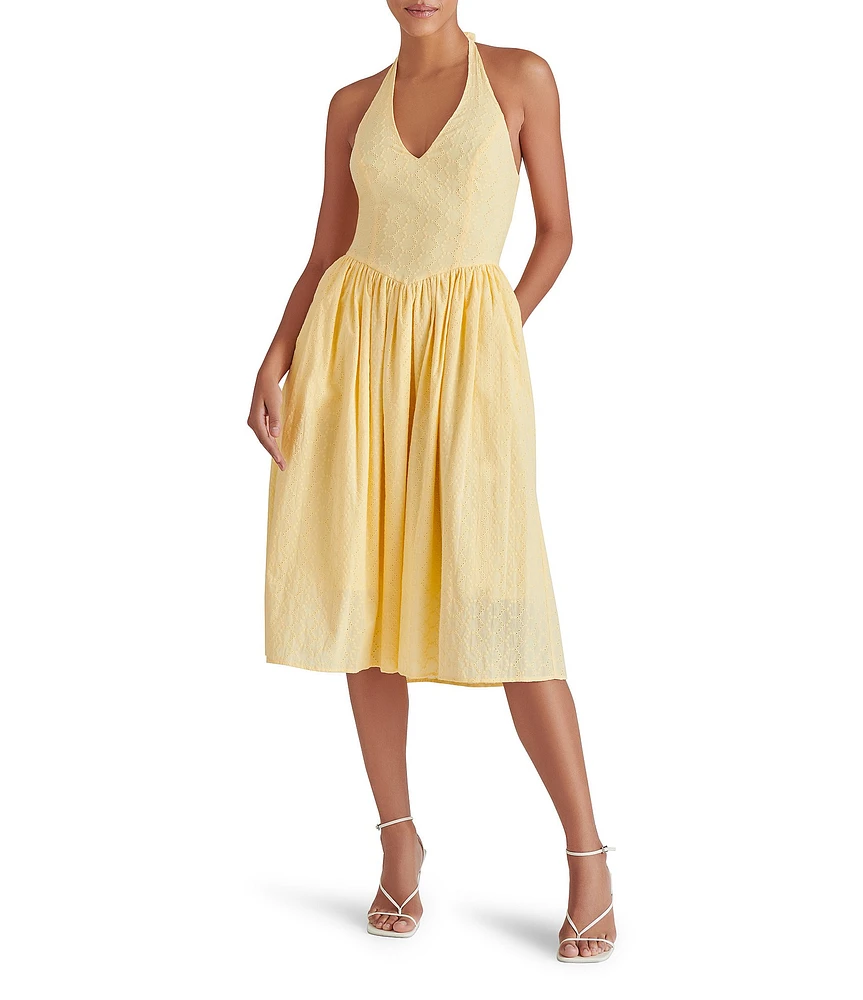 Steve Madden Ressi Eyelet Halter Neck Sleeveless Smocked Back Midi Dress