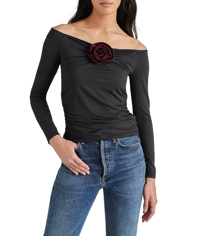 Steve Madden Rosetta Knit Off-The-Shoulder Long Sleeve Rosette Top