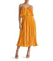 Steve Madden Sakura Pleated Woven V Neck Sleeveless Fit and Flare Midi Dress