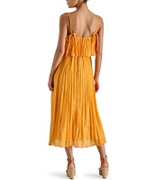 Steve Madden Sakura Pleated Woven V Neck Sleeveless Fit and Flare Midi Dress