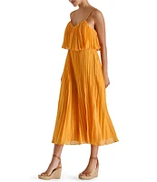 Steve Madden Sakura Pleated Woven V Neck Sleeveless Fit and Flare Midi Dress